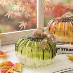 Glitzhome® Green & Amber Crackle Glass Short Pumpkin Set