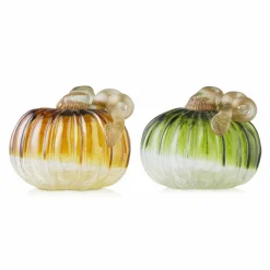 Glitzhome® Green & Amber Crackle Glass Short Pumpkin Set