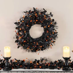 Glitzhome® 22" Halloween Eucalyptus Pumpkin Bat Wreath with Metal Hanger
