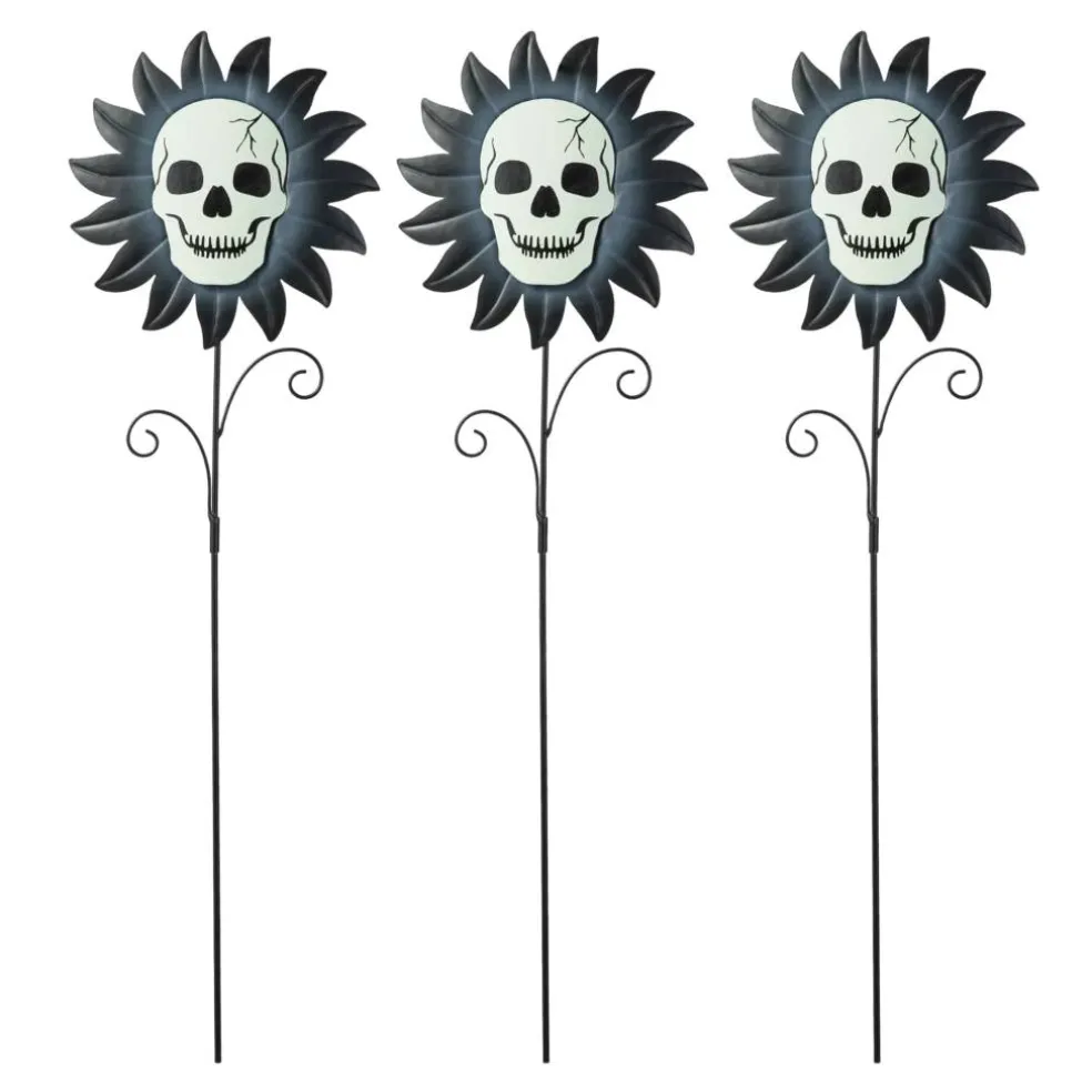 Glitzhome® 24" Halloween Metal Sunflower Skulls Glow-in-Dark Yard Stakes, 3ct.