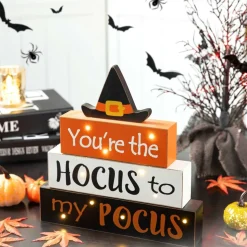 Glitzhome® 12" Halloween Wooden Lighted Word Block Table Décor with Timer