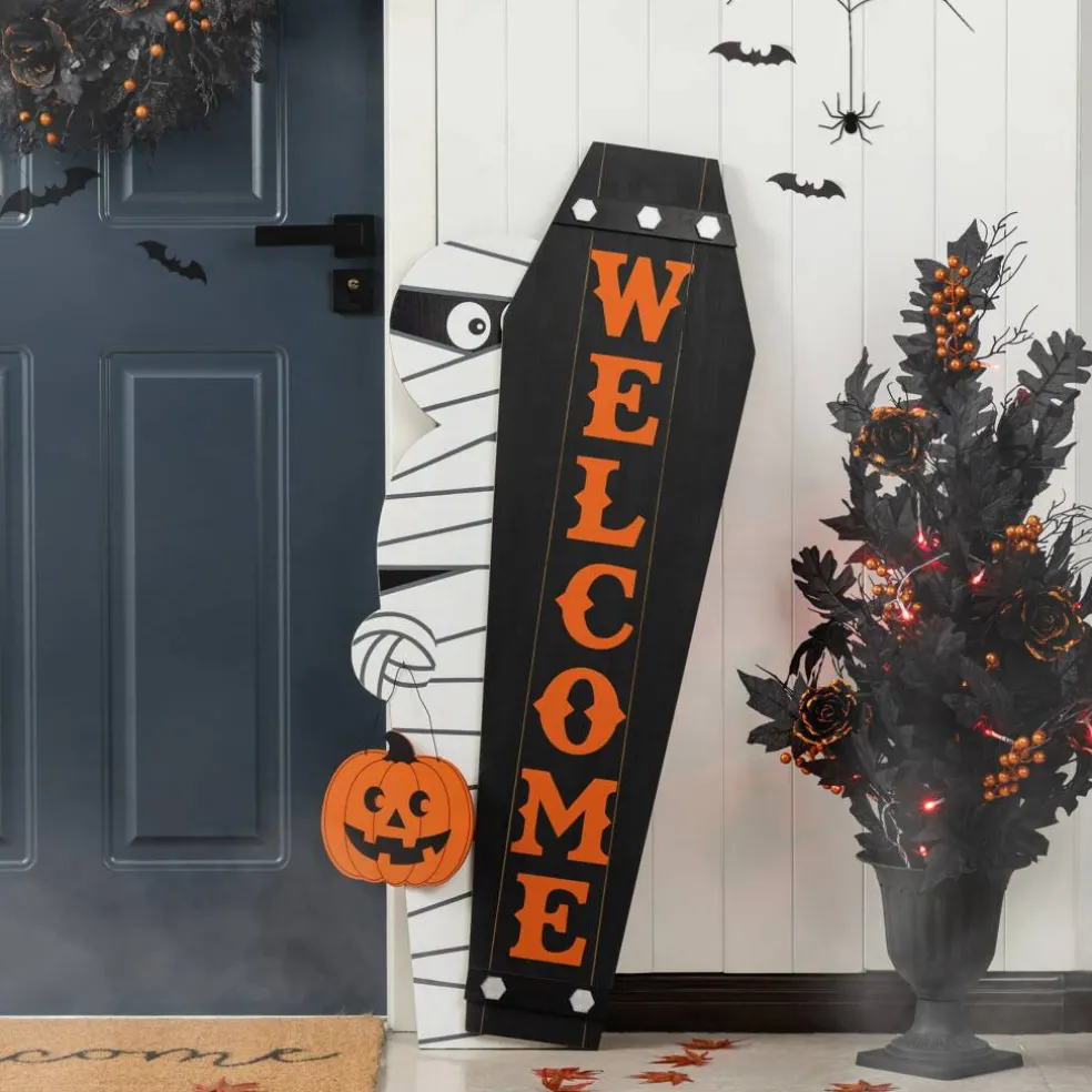 Glitzhome® Halloween Wood Mummy and Welcome Coffin Porch Decor Set