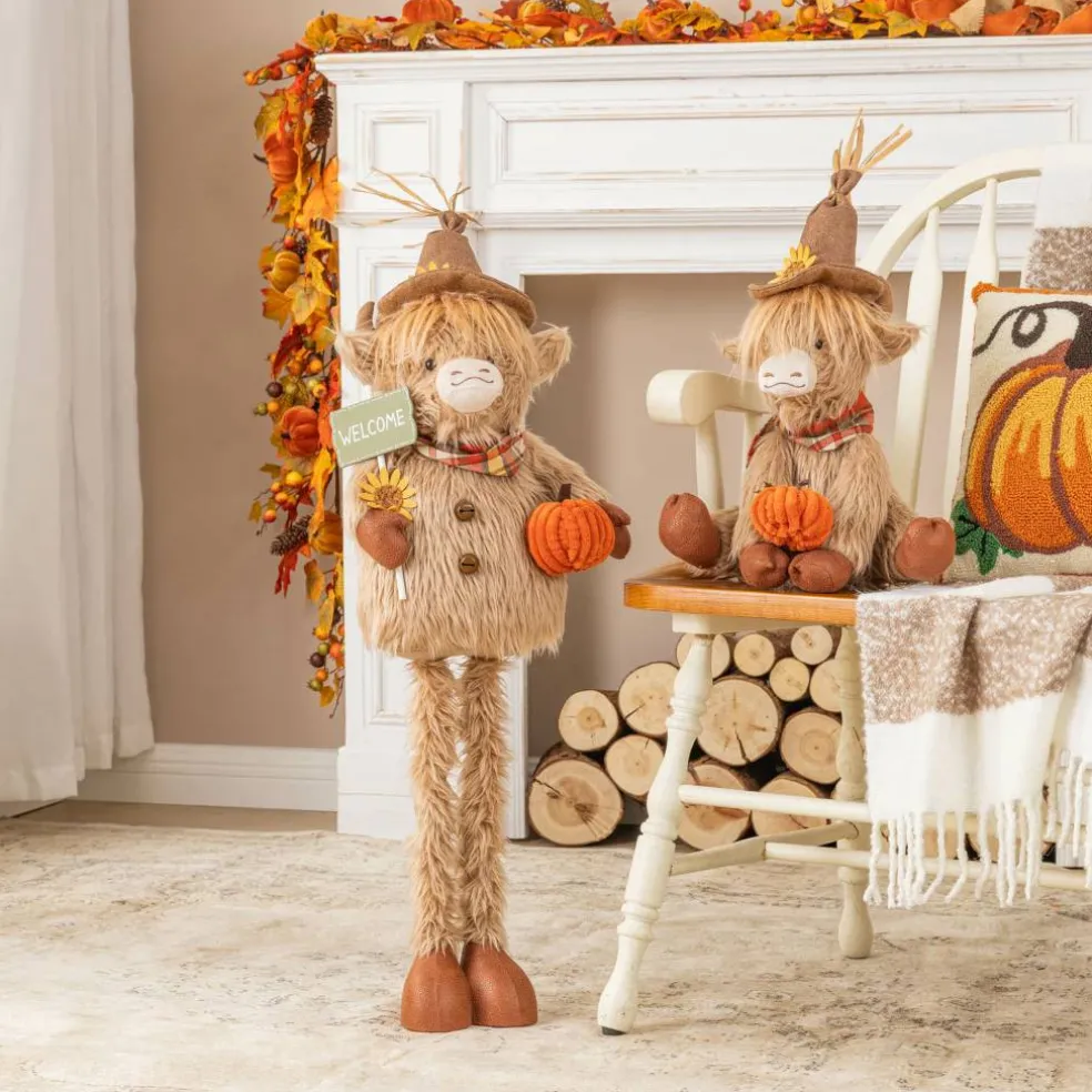 Glitzhome® 25"H-35" Fall Fabric Highland Cow Porch Decor With Telescoping Legs