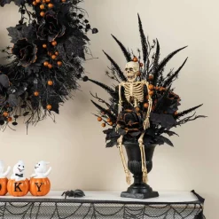Glitzhome® 22"H Halloween Black Rose, Skeleton and Berry Urn Table Tree
