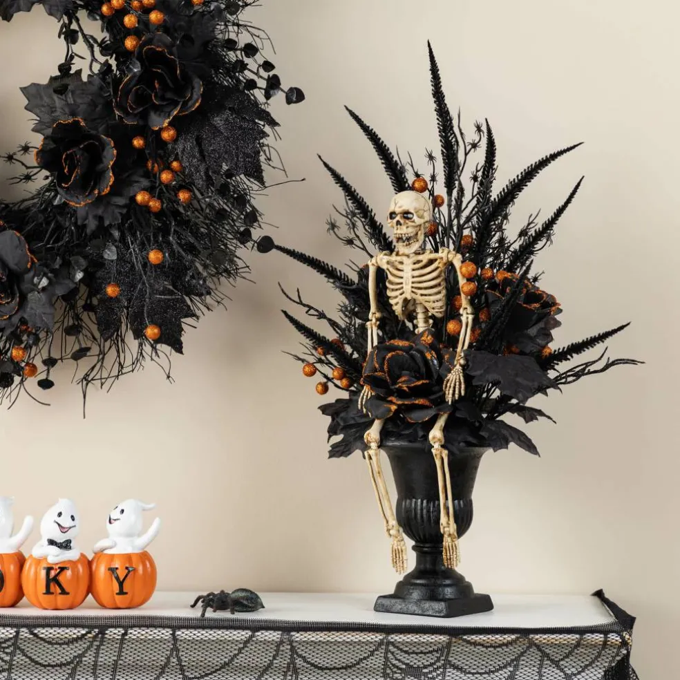 Glitzhome® 22"H Halloween Black Rose, Skeleton and Berry Urn Table Tree