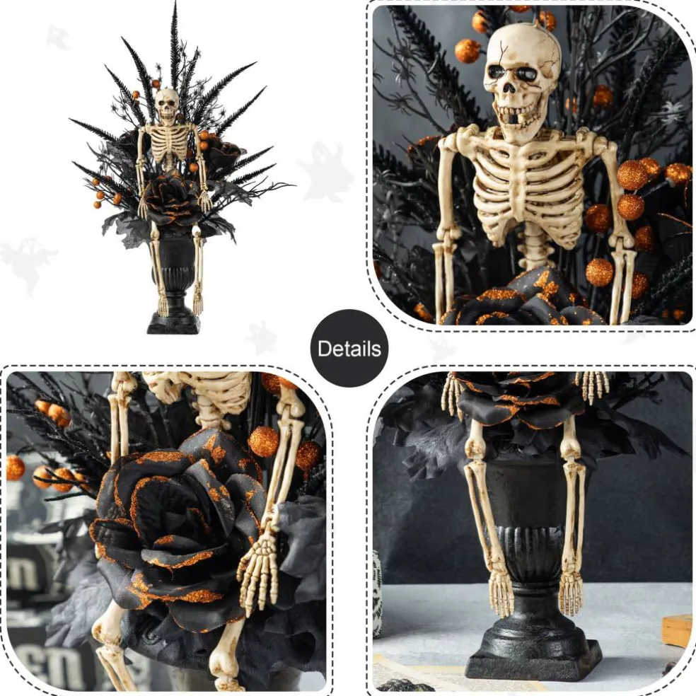 Glitzhome® 22"H Halloween Black Rose, Skeleton and Berry Urn Table Tree