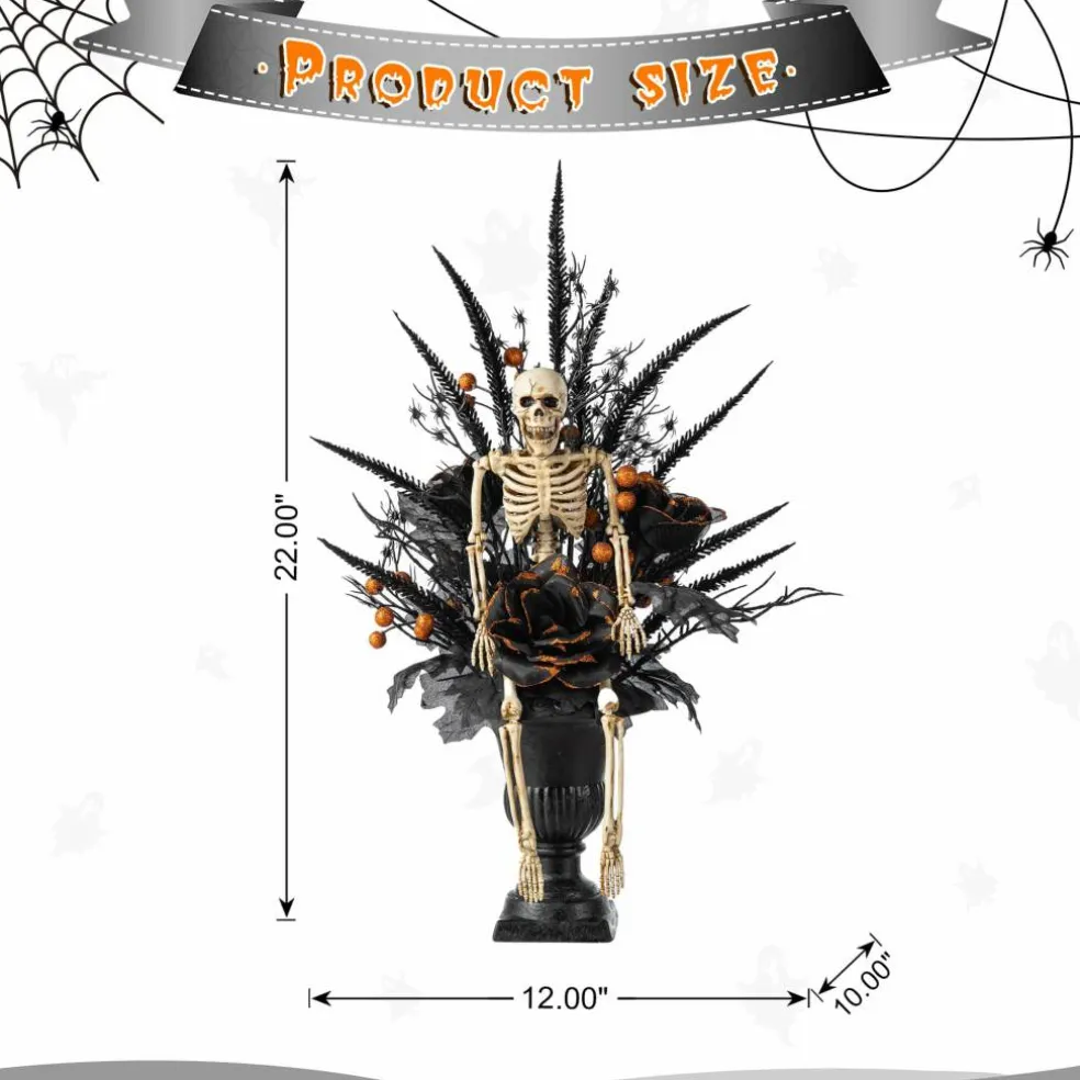 Glitzhome® 22"H Halloween Black Rose, Skeleton and Berry Urn Table Tree