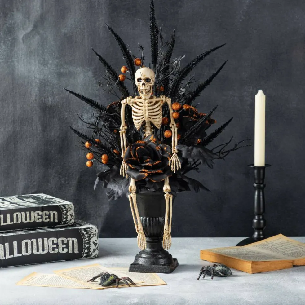 Glitzhome® 22"H Halloween Black Rose, Skeleton and Berry Urn Table Tree
