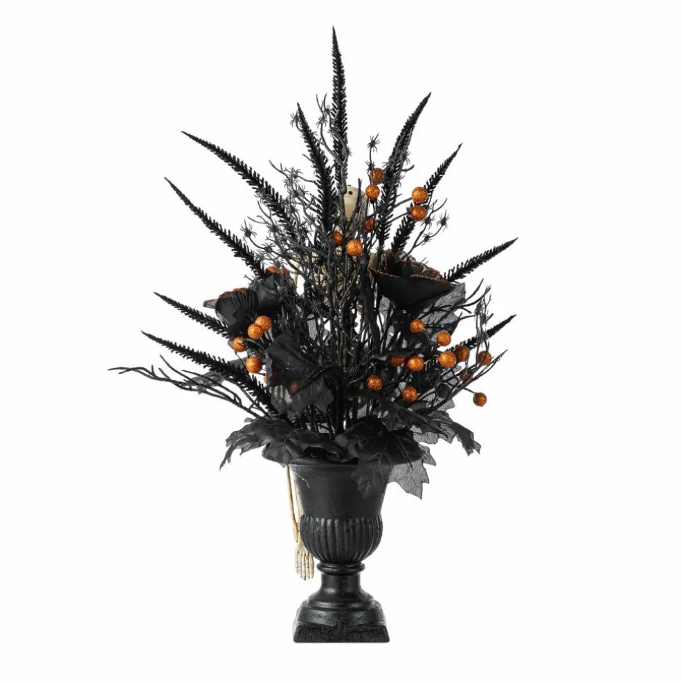 Glitzhome® 22"H Halloween Black Rose, Skeleton and Berry Urn Table Tree
