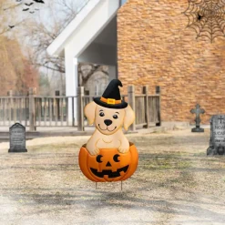 Glitzhome® 32"H Halloween Metal Labrador in Pumpkin Yard Stake