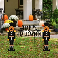 Glitzhome® 32"H Halloween Metal Nutcracker and HAPPY HALLOWEEN Yard Stake Set