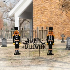 Glitzhome® 32"H Halloween Metal Nutcracker and HAPPY HALLOWEEN Yard Stake Set