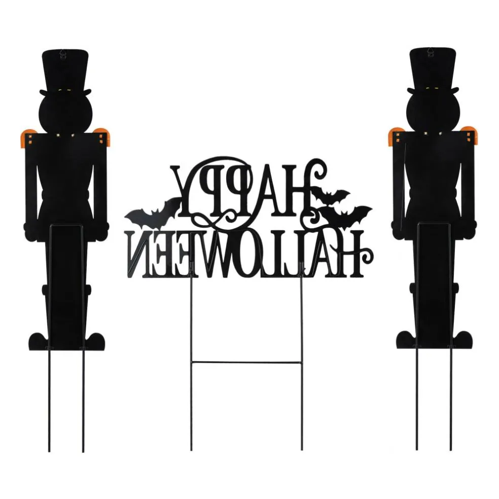 Glitzhome® 32"H Halloween Metal Nutcracker and HAPPY HALLOWEEN Yard Stake Set