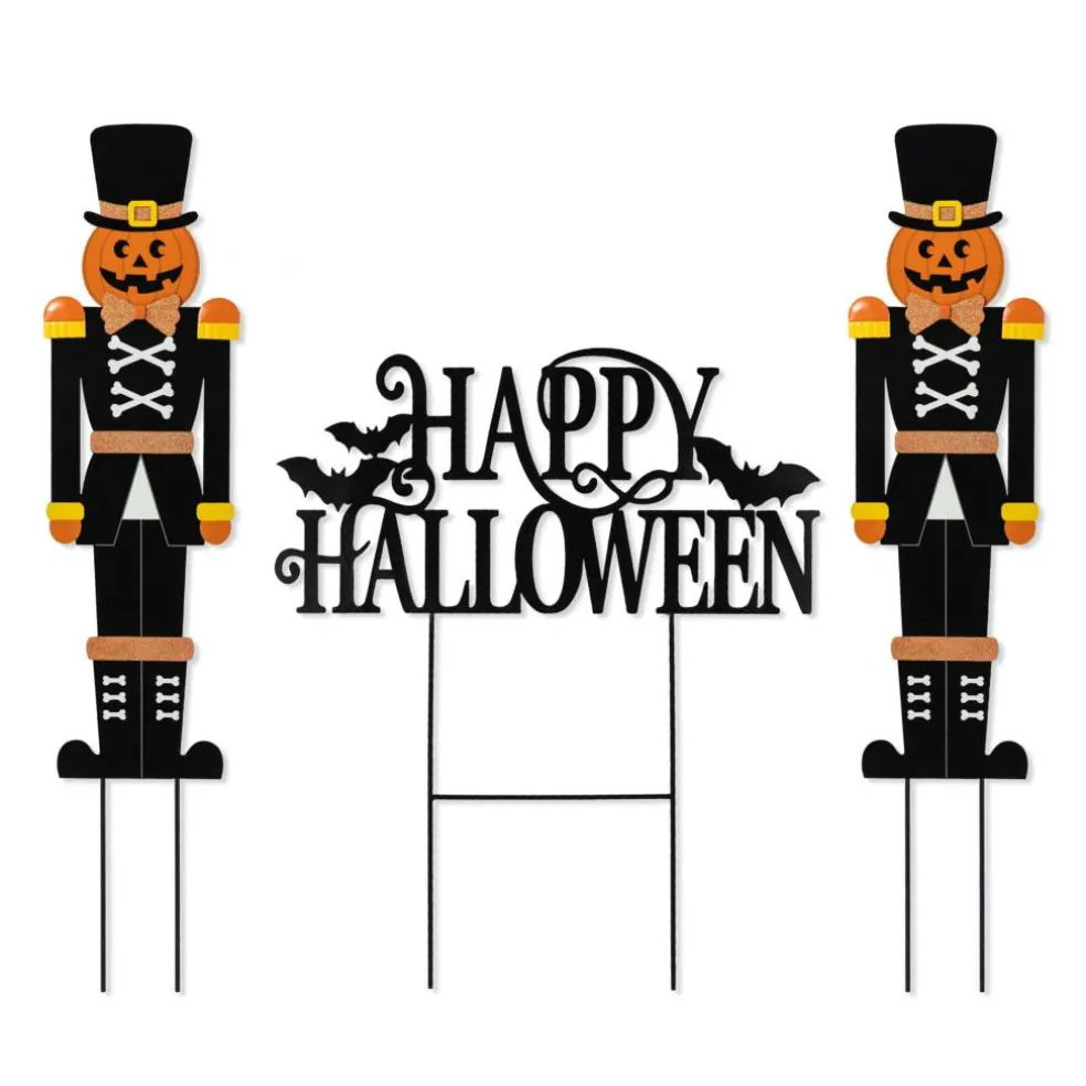 Glitzhome® 32"H Halloween Metal Nutcracker and HAPPY HALLOWEEN Yard Stake Set