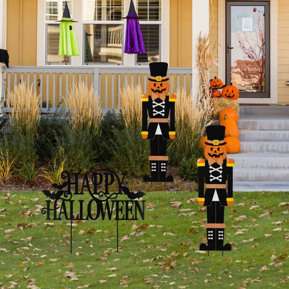 Glitzhome® 32"H Halloween Metal Nutcracker and HAPPY HALLOWEEN Yard Stake Set