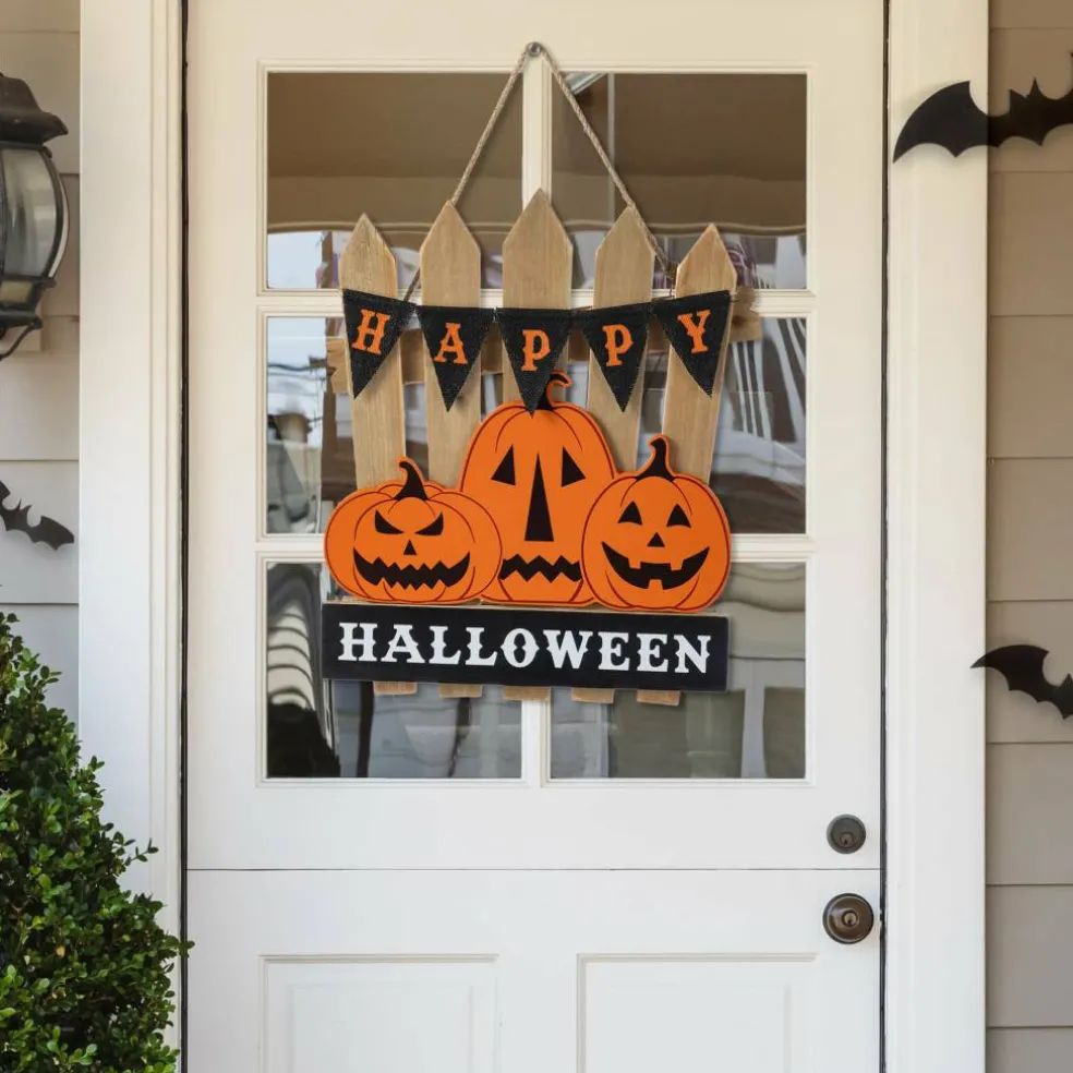 Glitzhome® 14"H Halloween Wood Jack O Lantern Door Hanger