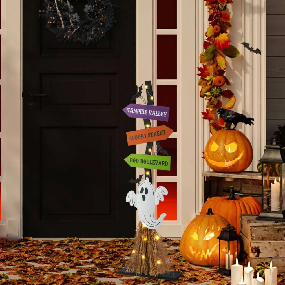 Glitzhome® 41.75"H Lighted Halloween Wooden Ghost's Broom Porch Decor