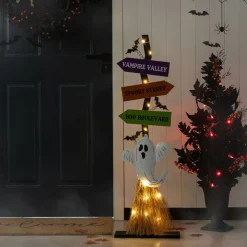 Glitzhome® 41.75"H Lighted Halloween Wooden Ghost's Broom Porch Decor