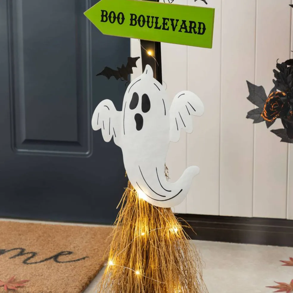 Glitzhome® 41.75"H Lighted Halloween Wooden Ghost's Broom Porch Decor