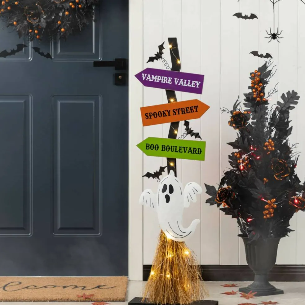 Glitzhome® 41.75"H Lighted Halloween Wooden Ghost's Broom Porch Decor