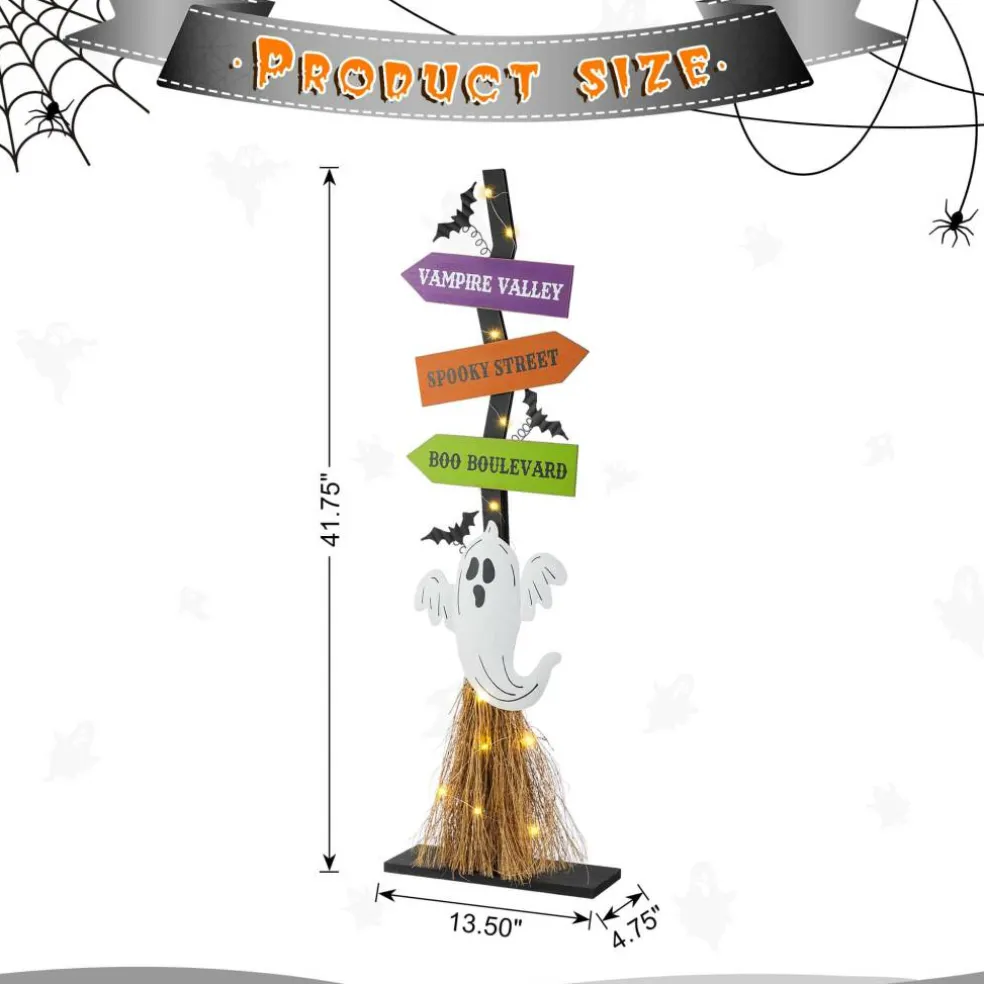 Glitzhome® 41.75"H Lighted Halloween Wooden Ghost's Broom Porch Decor