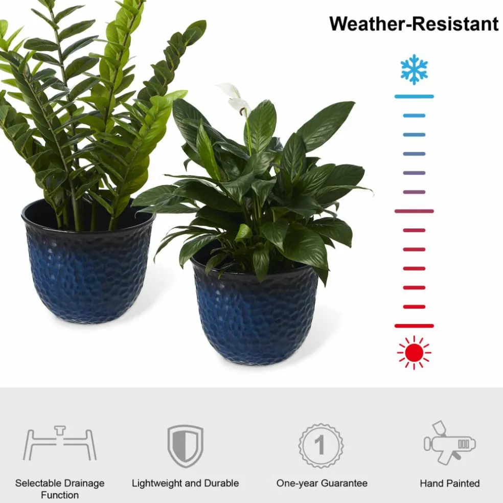 Glitzhome® 15.25" Honeycomb Textured Cobalt Blue Faux Ceramic Plastic Planters, 2ct.