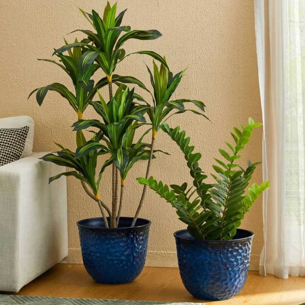 Glitzhome® 15.25" Honeycomb Textured Cobalt Blue Faux Ceramic Plastic Planters, 2ct.