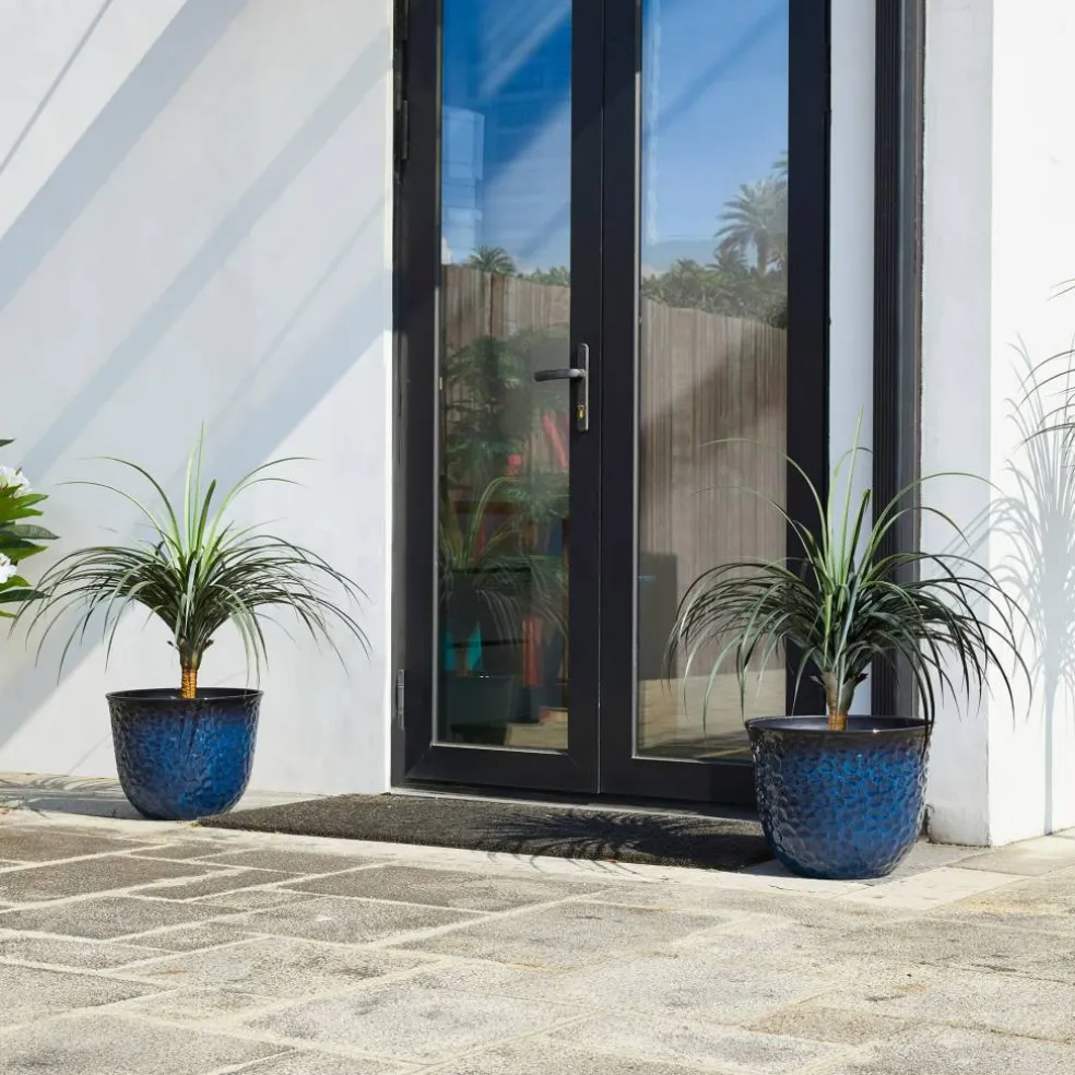 Glitzhome® 15.25" Honeycomb Textured Cobalt Blue Faux Ceramic Plastic Planters, 2ct.