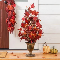 Glitzhome® 36" Lighted Fall Burgundy Leaves Urn Potted Porch Tree with 20 Warm White Lights & Timer