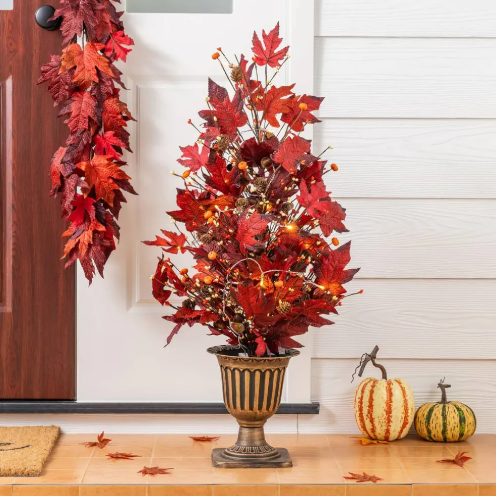 Glitzhome® 36" Lighted Fall Burgundy Leaves Urn Potted Porch Tree with 20 Warm White Lights & Timer