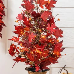 Glitzhome® 36" Lighted Fall Burgundy Leaves Urn Potted Porch Tree with 20 Warm White Lights & Timer