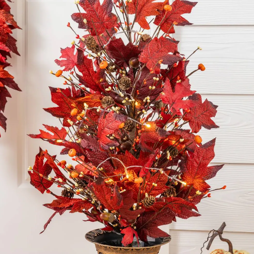 Glitzhome® 36" Lighted Fall Burgundy Leaves Urn Potted Porch Tree with 20 Warm White Lights & Timer