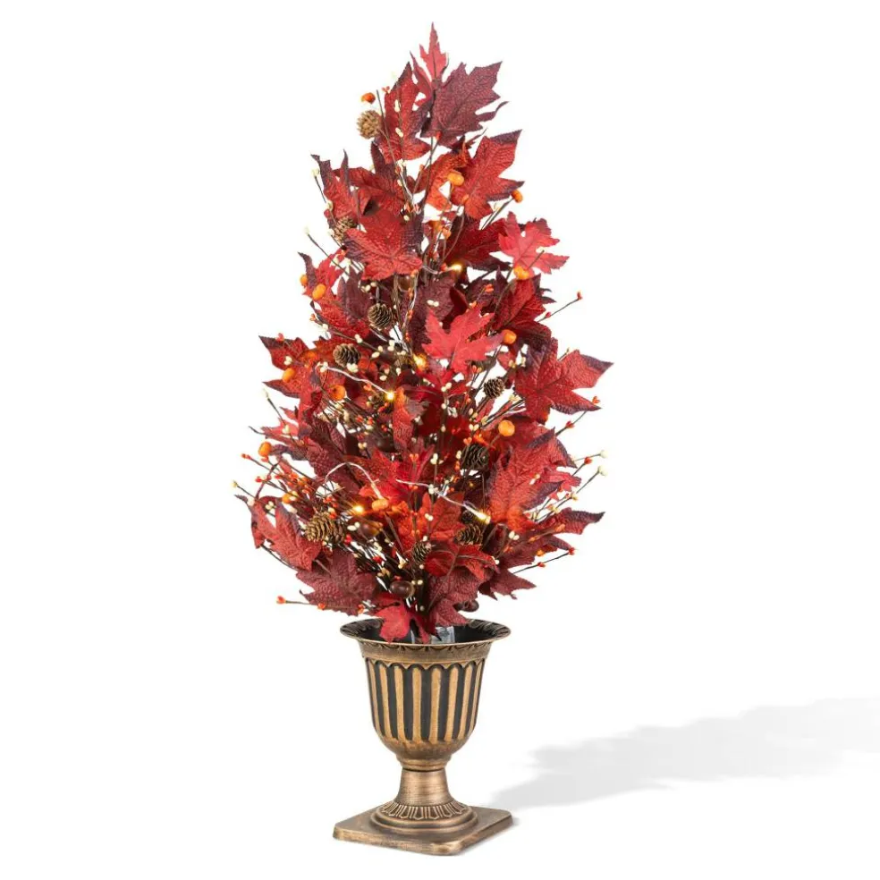 Glitzhome® 36" Lighted Fall Burgundy Leaves Urn Potted Porch Tree with 20 Warm White Lights & Timer