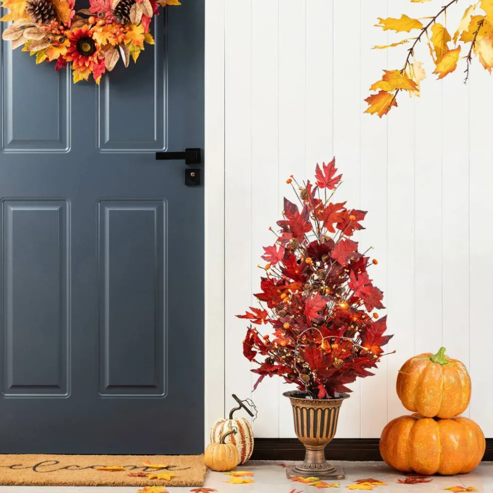 Glitzhome® 36" Lighted Fall Burgundy Leaves Urn Potted Porch Tree with 20 Warm White Lights & Timer