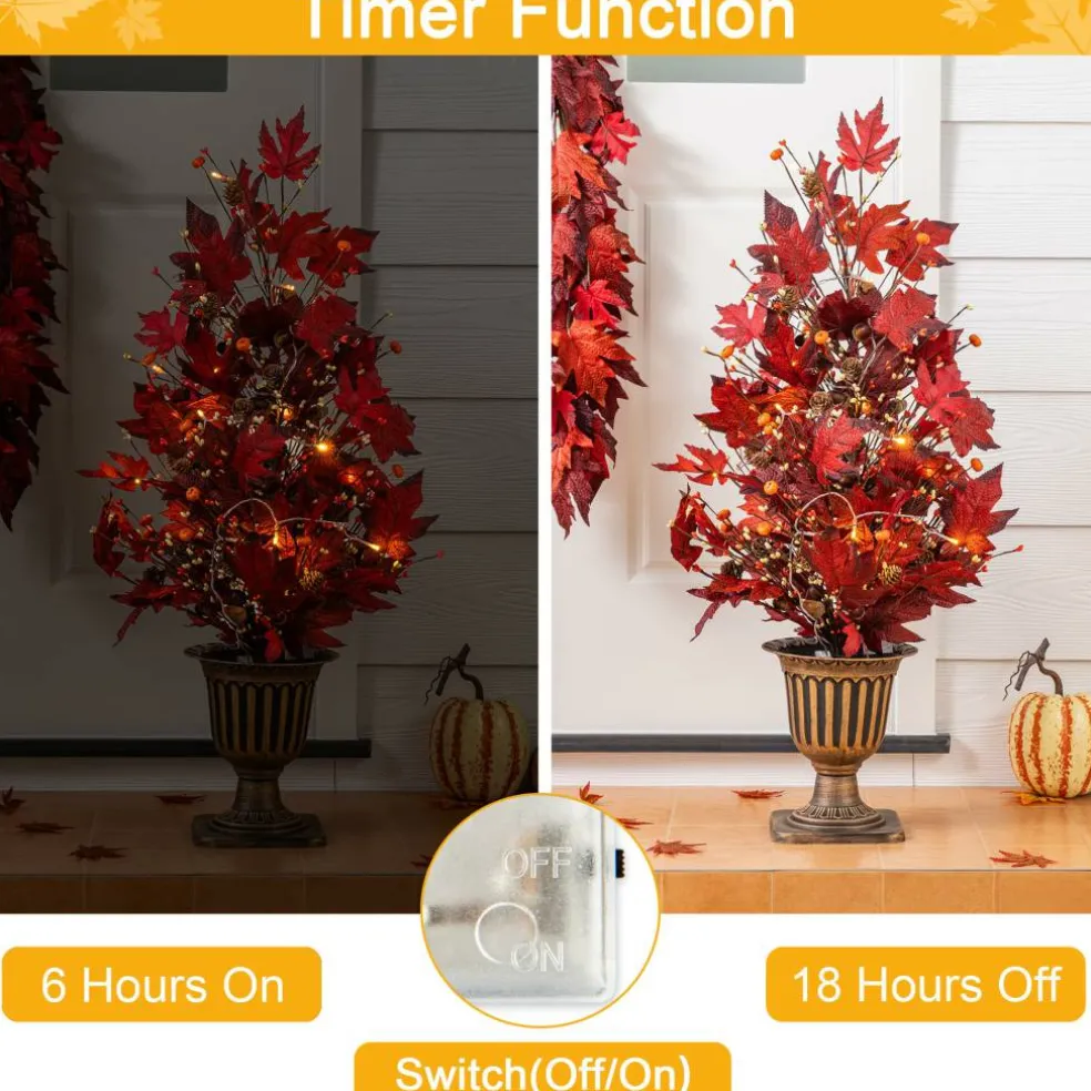 Glitzhome® 36" Lighted Fall Burgundy Leaves Urn Potted Porch Tree with 20 Warm White Lights & Timer