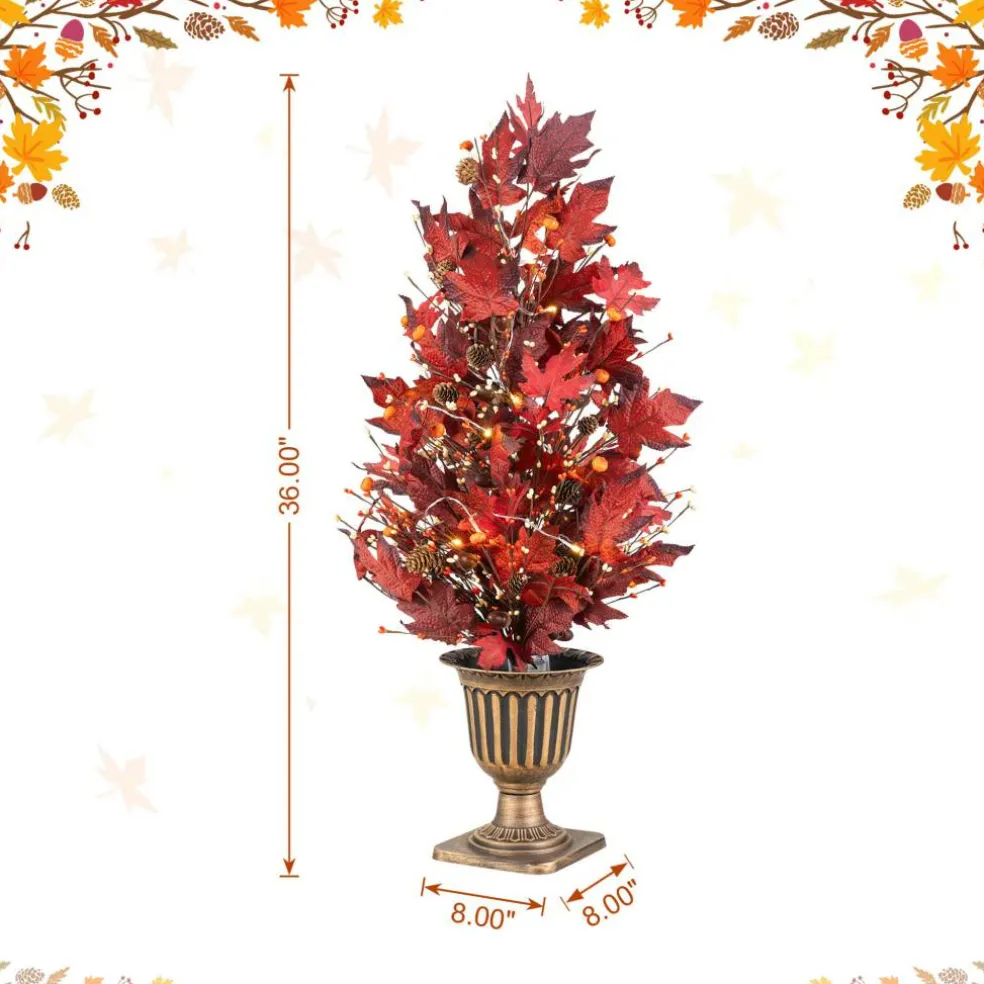 Glitzhome® 36" Lighted Fall Burgundy Leaves Urn Potted Porch Tree with 20 Warm White Lights & Timer