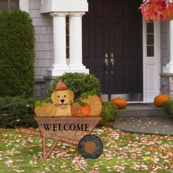 Glitzhome® 36.25" Lighted Fall Pumpkin Wheel Barrow Outdoor Decor with Warm White LED Lights