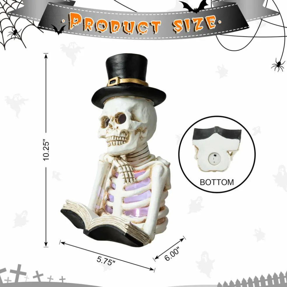 Glitzhome® 10" Lighted Halloween Resin Skull Reading Book Table Décor
