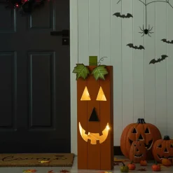 Glitzhome® 30" Lighted Halloween Wooden Pumpkin Porch Décor with Timer