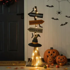 Glitzhome® 42" Lighted Halloween Witch's Broom Porch Décor with Timer