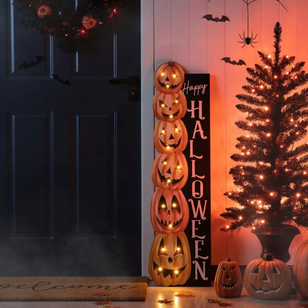 Glitzhome® 42" Lighted Halloween Wooden Stacked Pumpkins Porch Sign with Timer