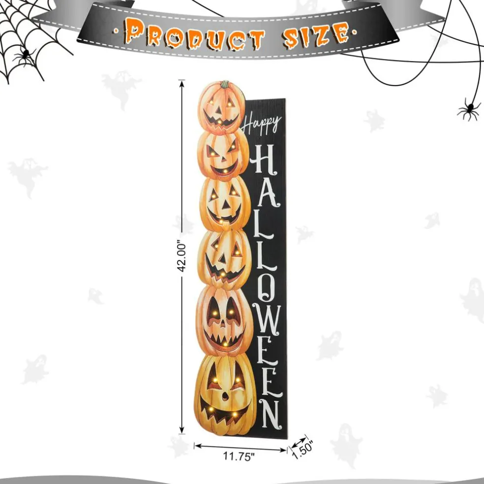 Glitzhome® 42" Lighted Halloween Wooden Stacked Pumpkins Porch Sign with Timer