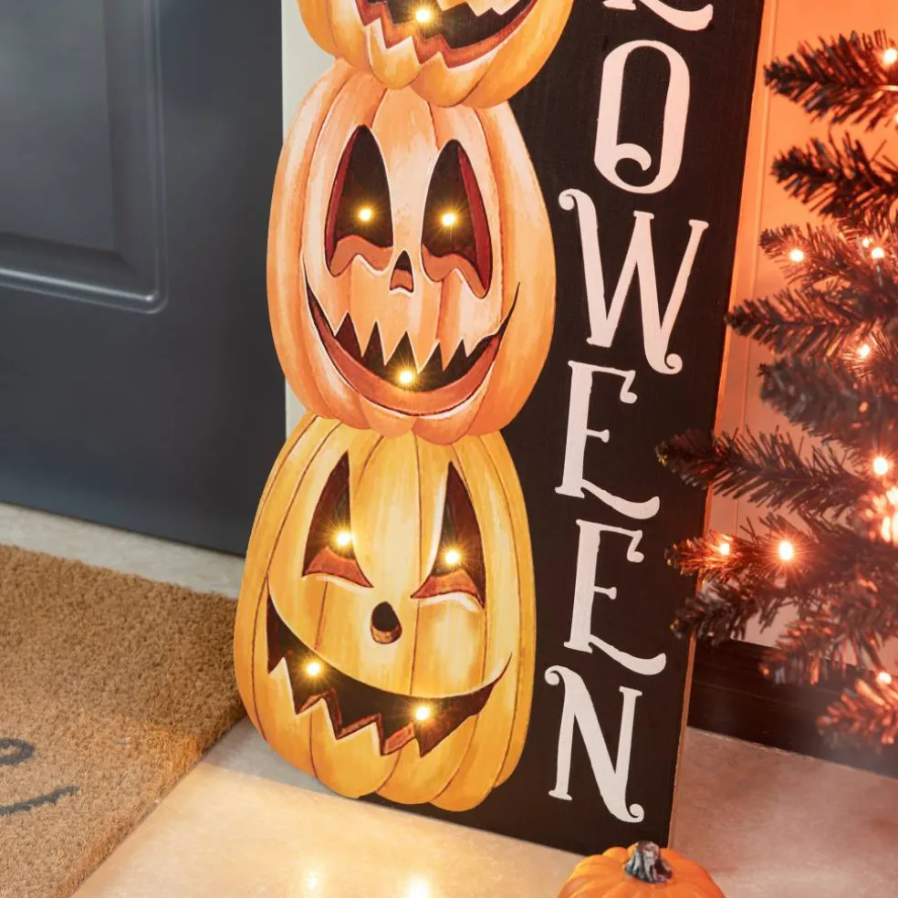 Glitzhome® 42" Lighted Halloween Wooden Stacked Pumpkins Porch Sign with Timer