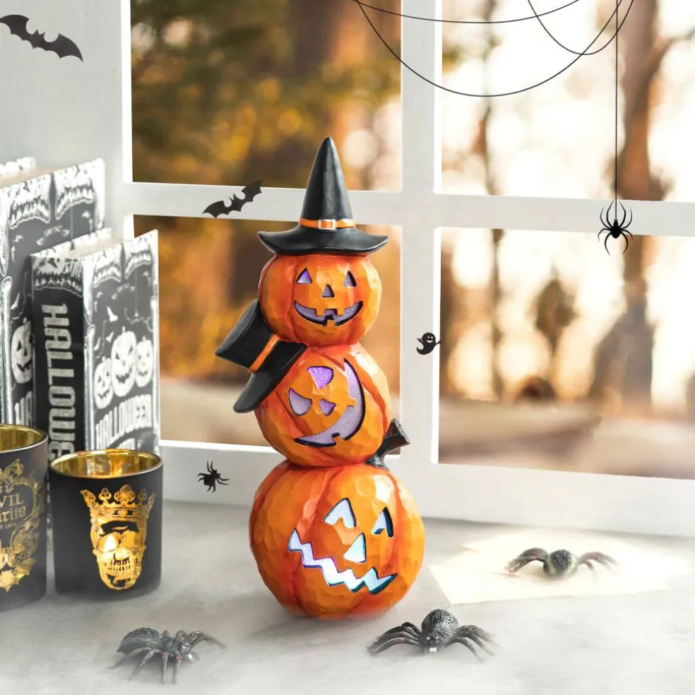 Glitzhome® 14" Lighted Halloween Stacked Resin Pumpkin Table Décor