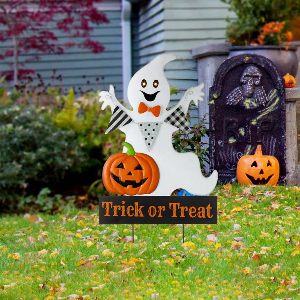 Glitzhome® 32" Lighted Metal Halloween Ghost Yard Stake with Timer