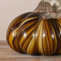 Glitzhome® 5.75" Multi Brown Striped Glass Pumpkin Fall Table Decor
