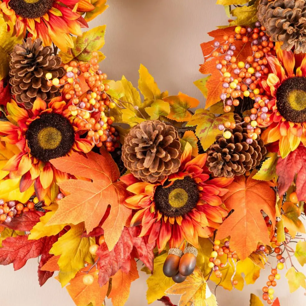 Glitzhome® 30" Oversized Fall Sunflower Wreath with Black Metal Wreath Hanger