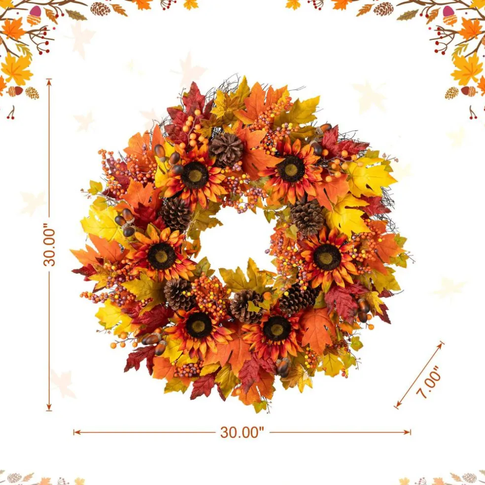 Glitzhome® 30" Oversized Fall Sunflower Wreath with Black Metal Wreath Hanger