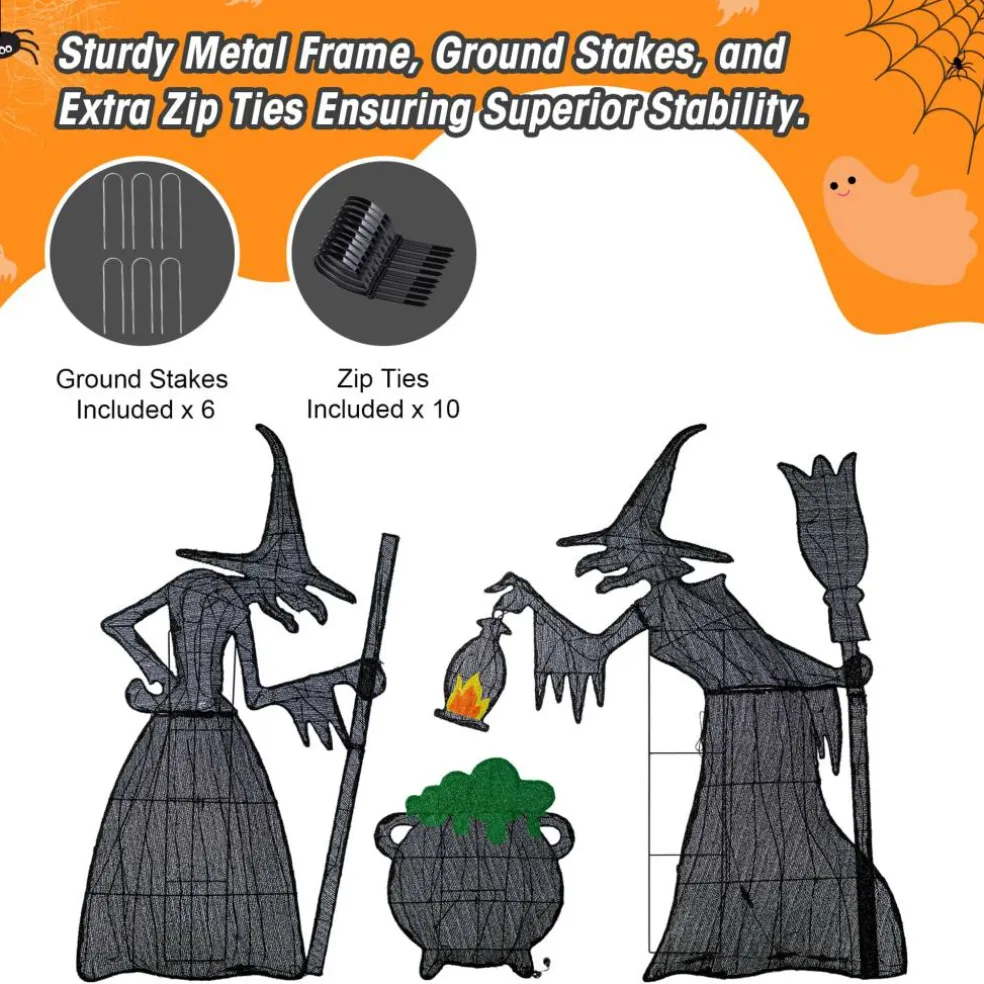 Glitzhome® Set of 3 Lighted Halloween 2.5D Witches with Cauldron Outdoor Decor