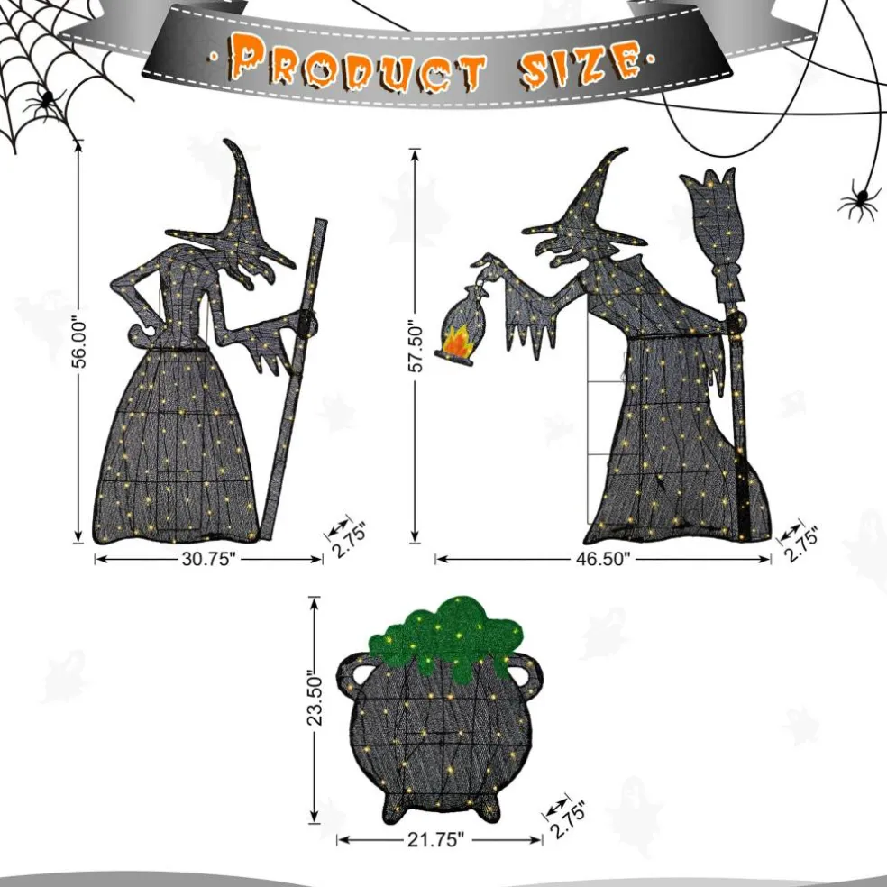 Glitzhome® Set of 3 Lighted Halloween 2.5D Witches with Cauldron Outdoor Decor